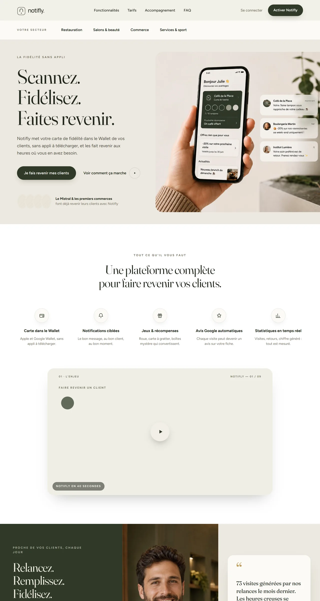 Nouveau site de Notifly, sur trois écrans : « Scannez. Fidélisez. Faites revenir. » à côté d’une carte de fidélité dans un téléphone, puis la plateforme et sa vidéo.