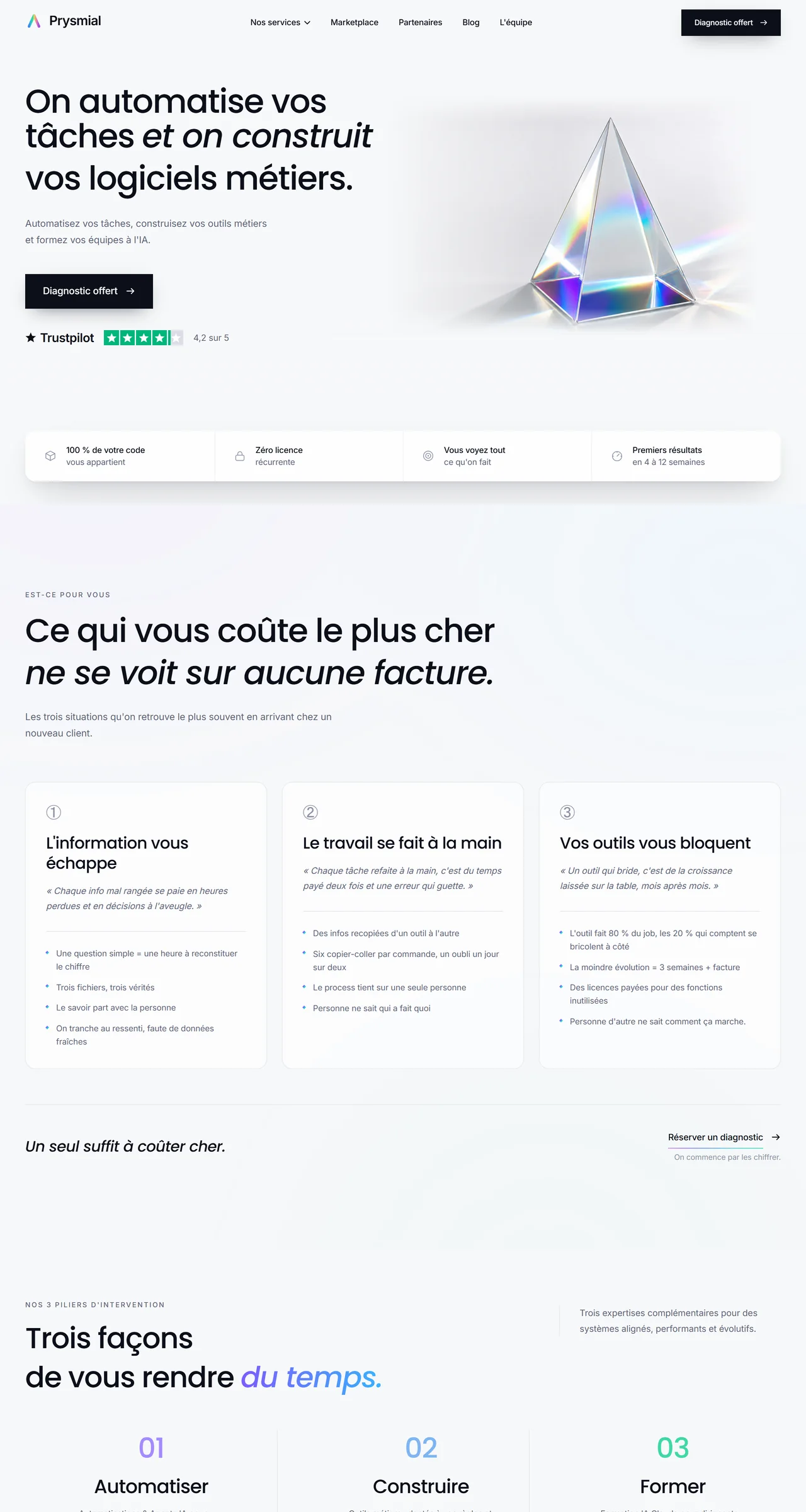 Nouveau site de Prysmial, sur trois écrans : la promesse en une phrase à côté d’un prisme de verre, puis les trois situations qui coûtent le plus cher à une entreprise.