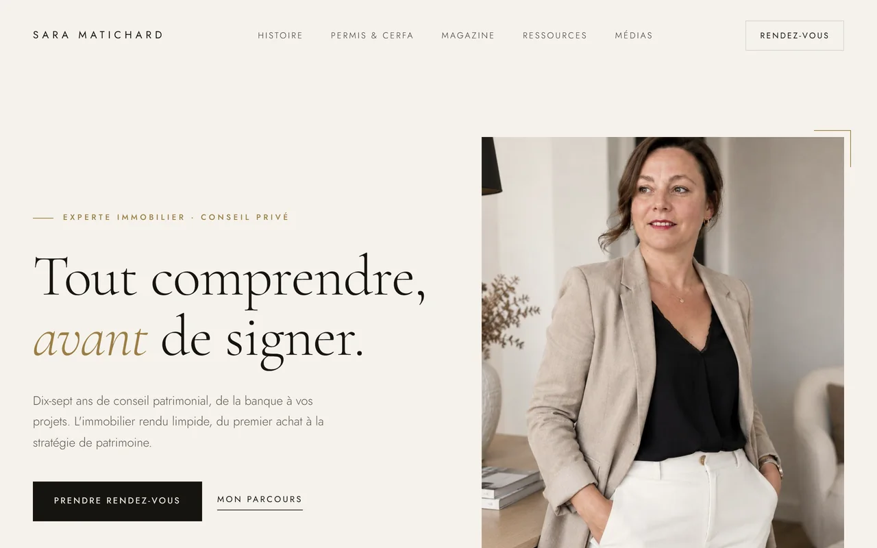 Ancien site de Sara Matichard : un portrait, un slogan et un bouton de rendez-vous.